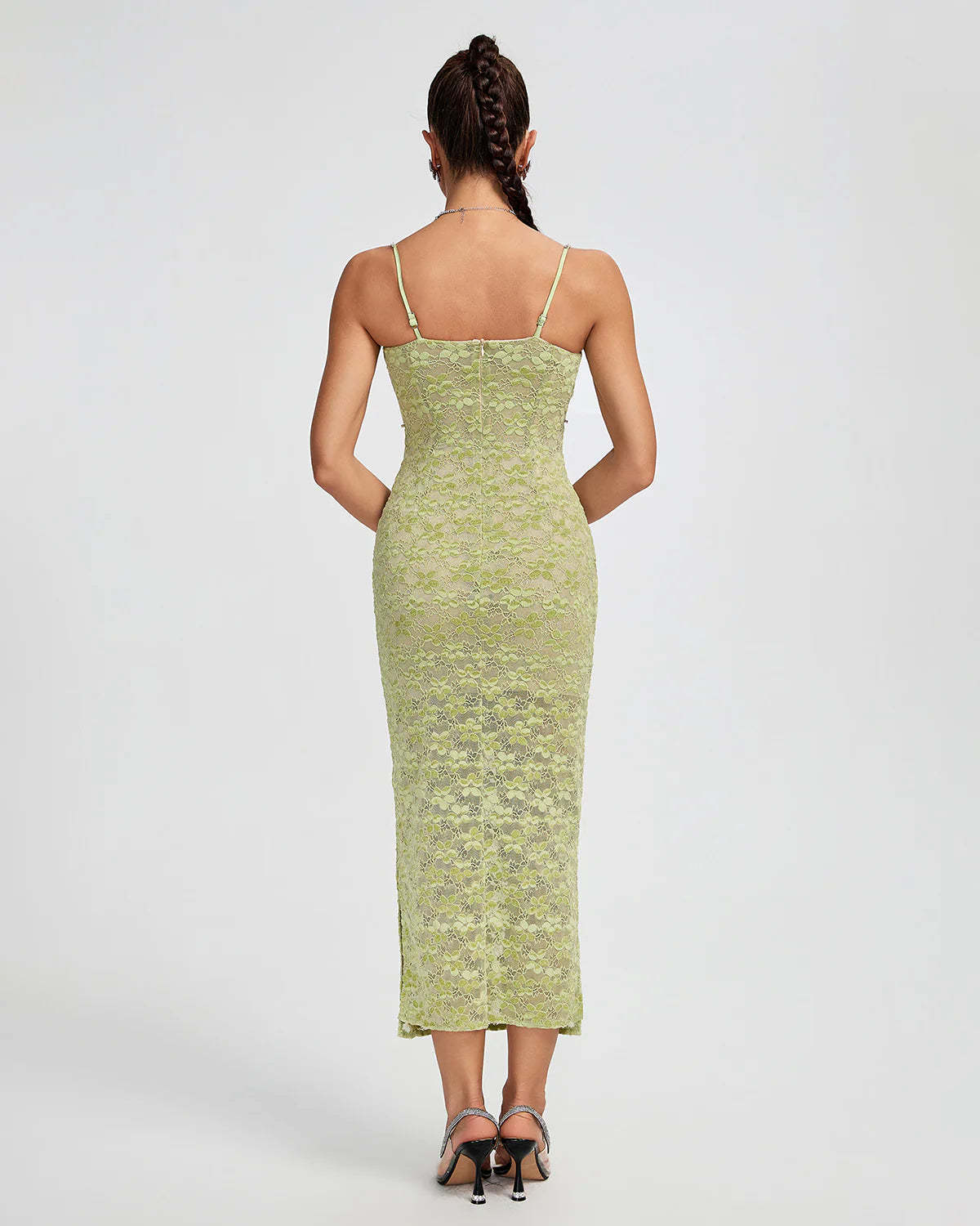 Green Strappy Floral Crystal Chain Bustier Embroidery Lace Summer PartyMidi Dress | Mix Mix Style