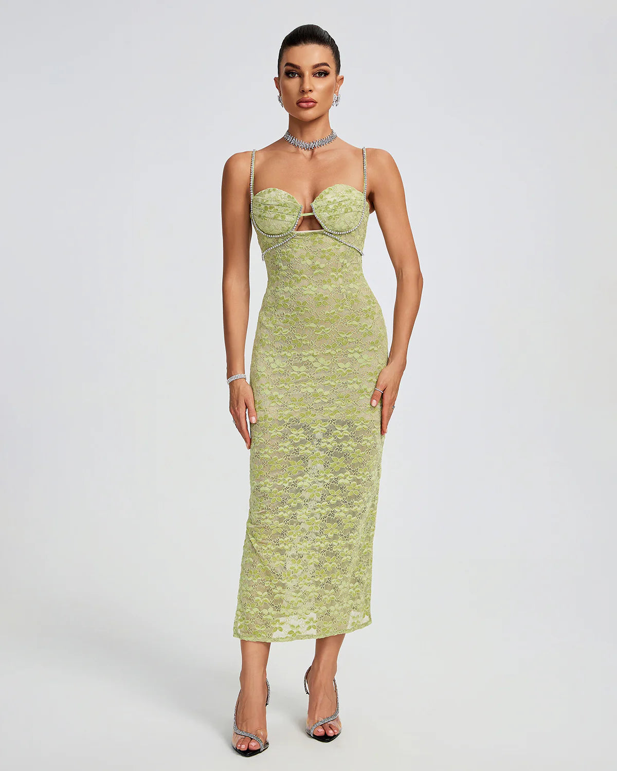 Green Strappy Floral Crystal Chain Bustier Embroidery Lace Summer PartyMidi Dress | Mix Mix Style