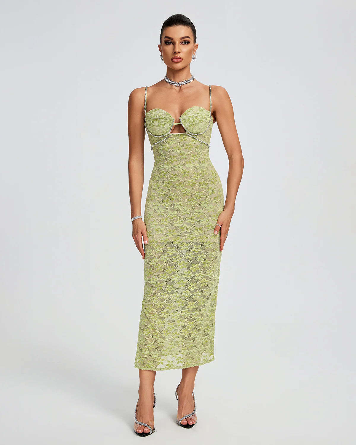 Green Strappy Floral Crystal Chain Bustier Embroidery Lace Summer PartyMidi Dress | Mix Mix Style-Mix MIx Style