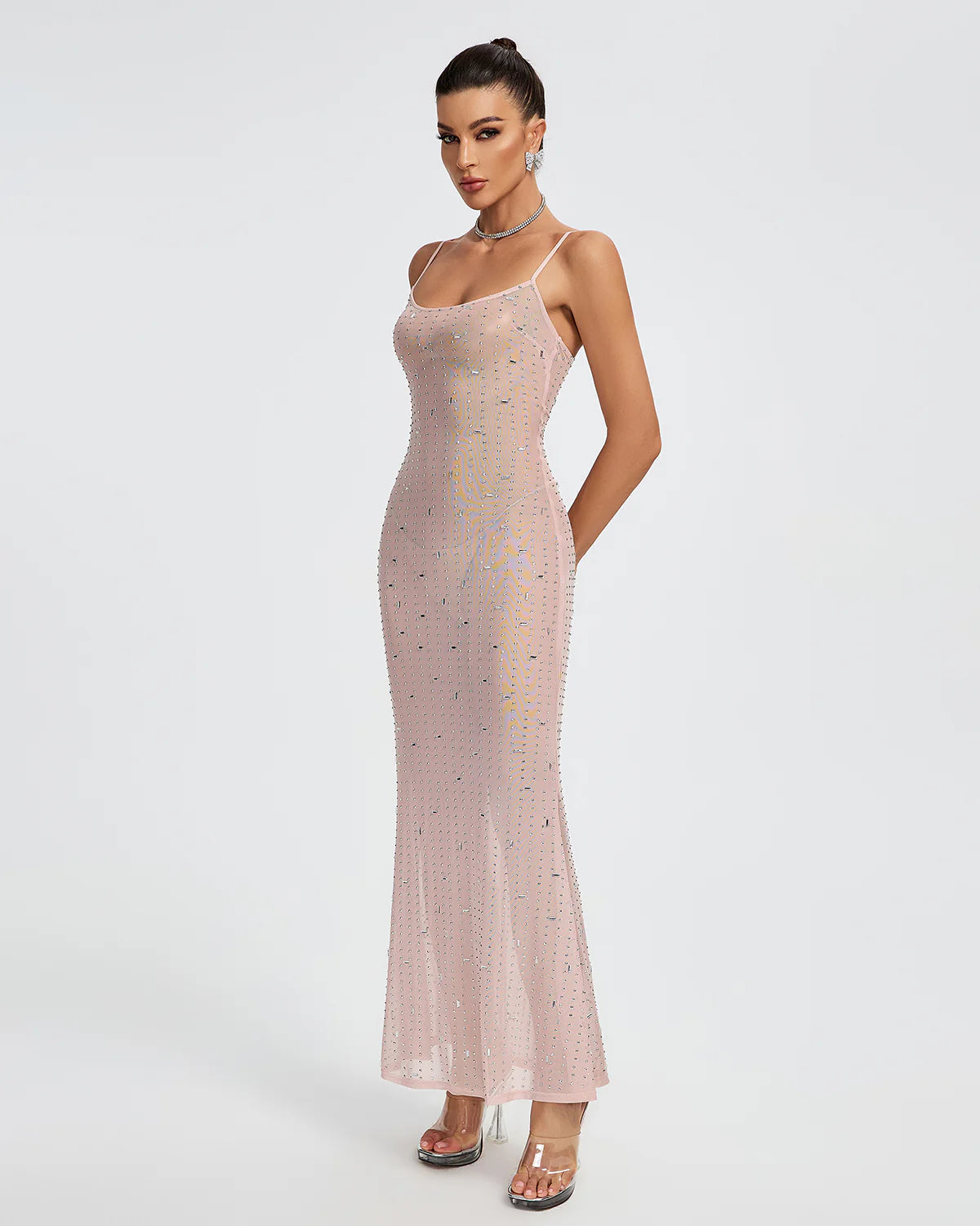 Pink Strappy Crystal Embellished See-Through Party Summer Maxi Dress | Mix Mix Style