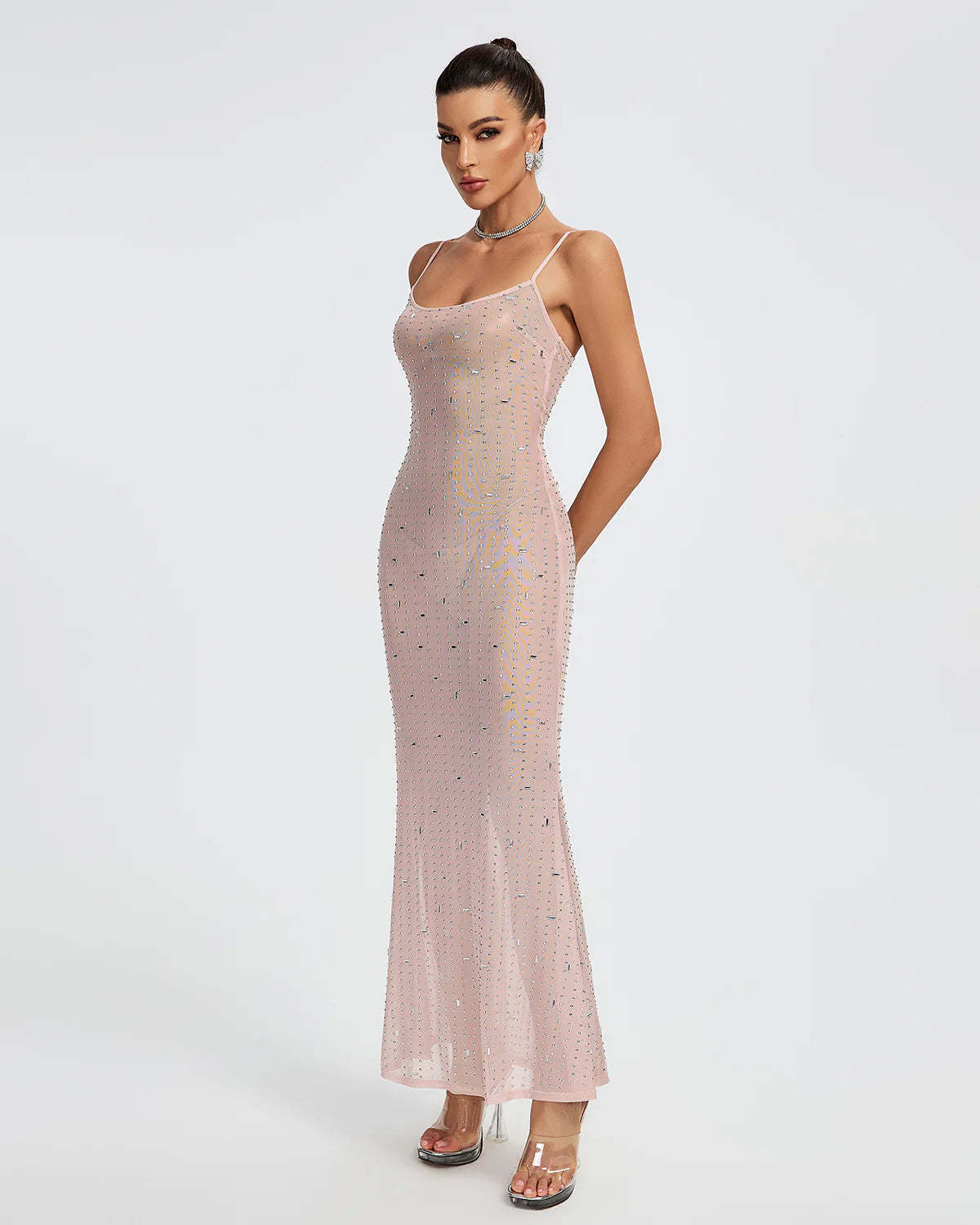 Pink Strappy Crystal Embellished See-Through Party Summer Maxi Dress | Mix Mix Style