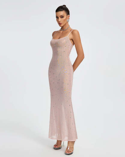 Pink Strappy Crystal Embellished See-Through Party Summer Maxi Dress | Mix Mix Style