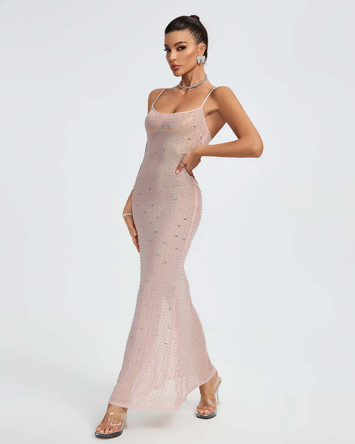 Pink Strappy Crystal Embellished See-Through Party Summer Maxi Dress | Mix Mix Style