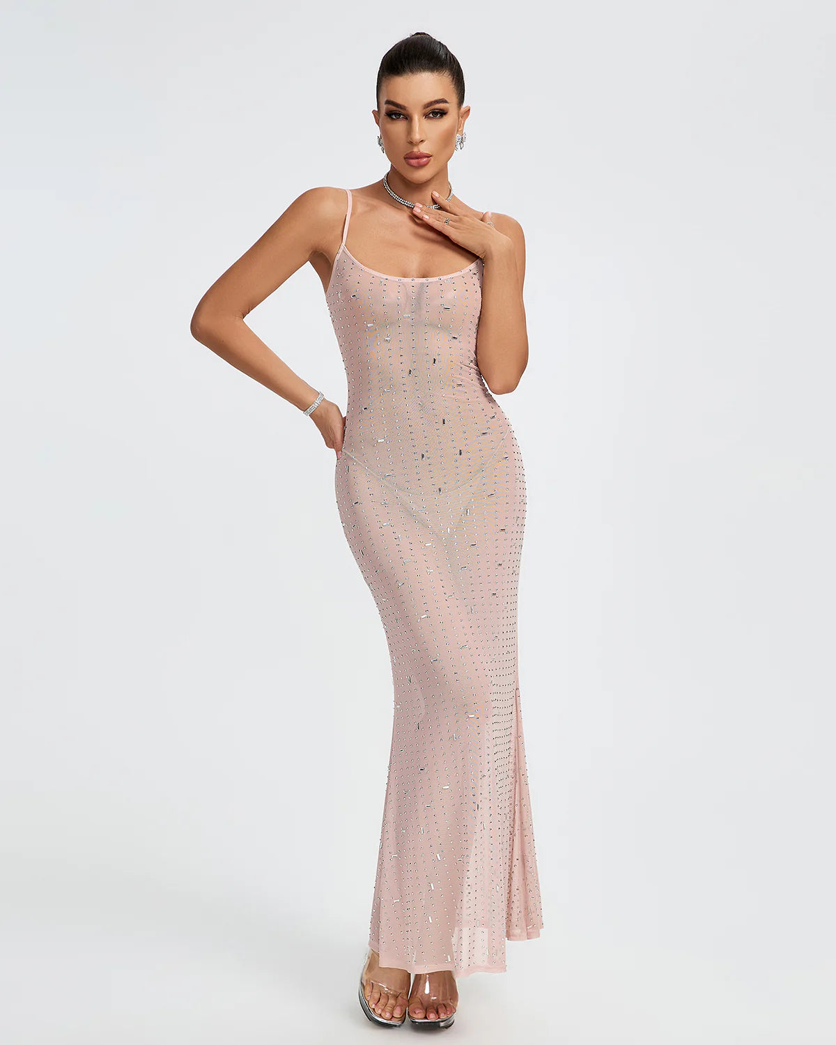 Pink Strappy Crystal Embellished See-Through Party Summer Maxi Dress | Mix Mix Style