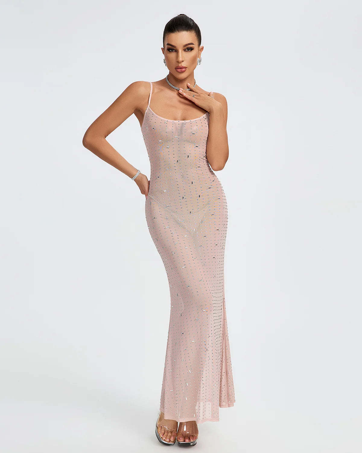 Pink Strappy Crystal Embellished See-Through Party Summer Maxi Dress | Mix Mix Style-Mix MIx Style