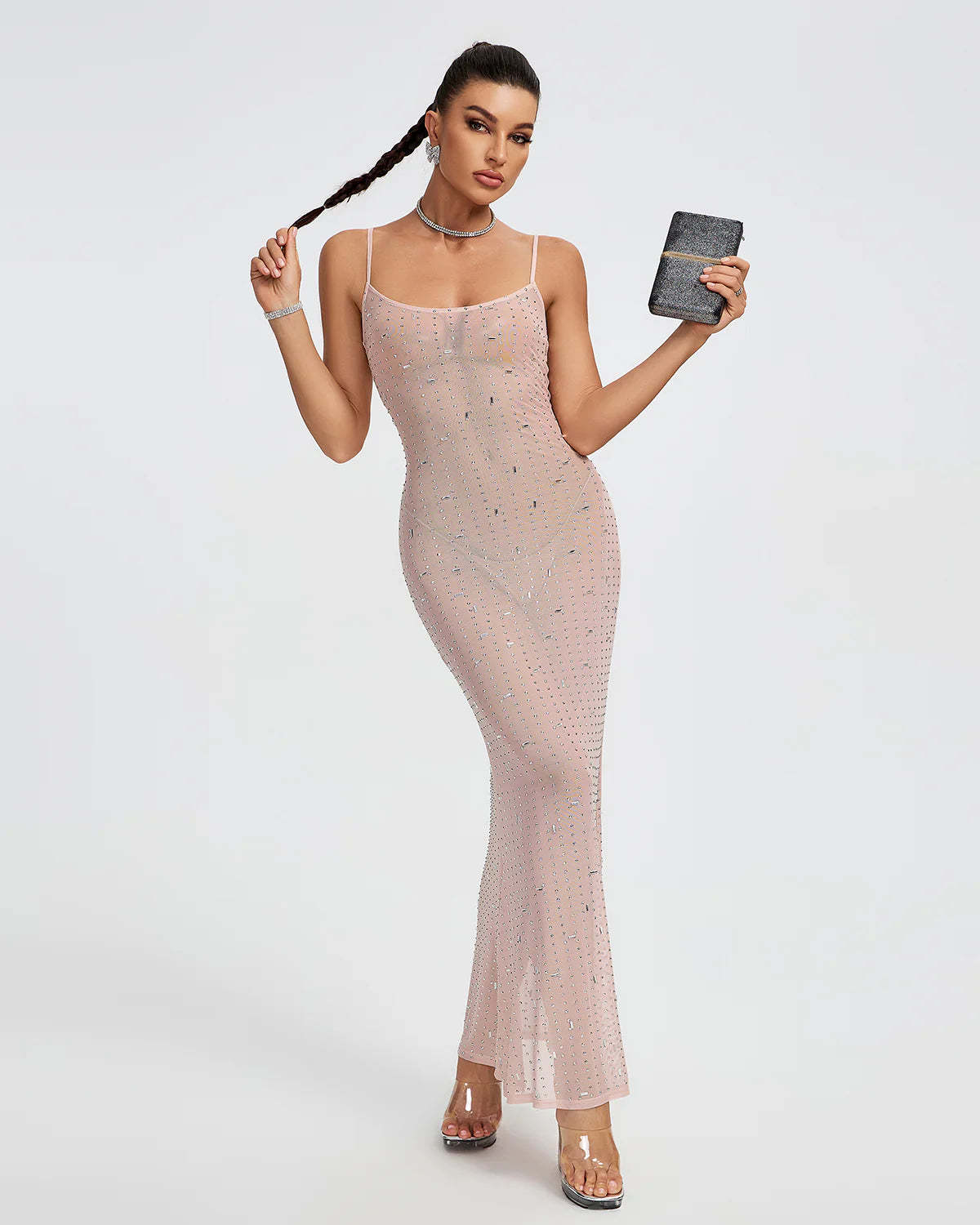 Pink Strappy Crystal Embellished See-Through Party Summer Maxi Dress | Mix Mix Style