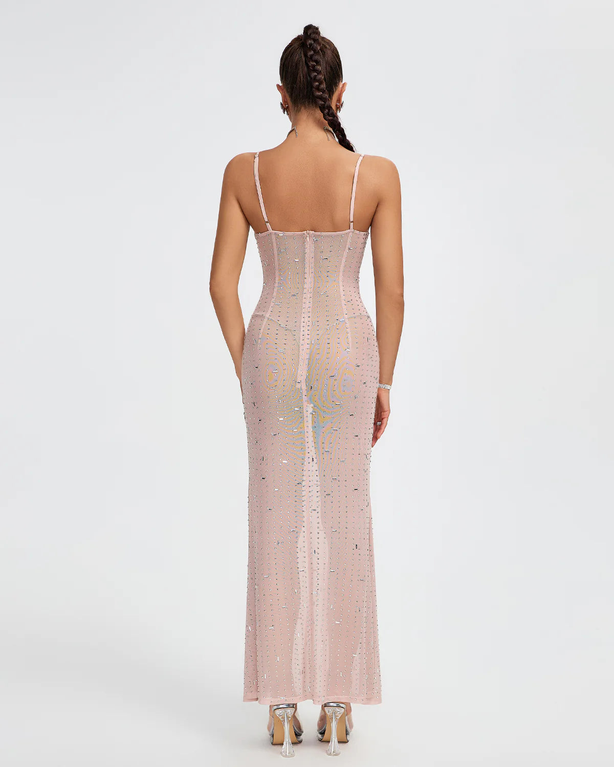 Pink Strappy Crystal Embellished See-Through Party Summer Maxi Dress | Mix Mix Style