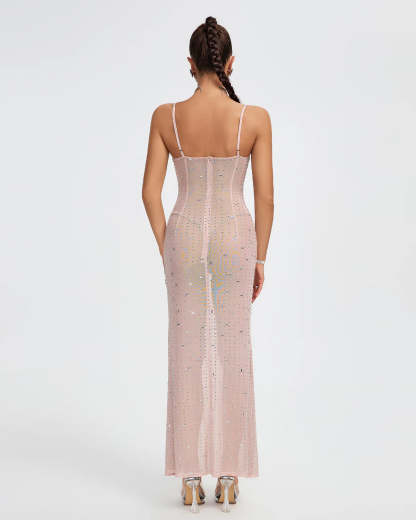 Pink Strappy Crystal Embellished See-Through Party Summer Maxi Dress | Mix Mix Style