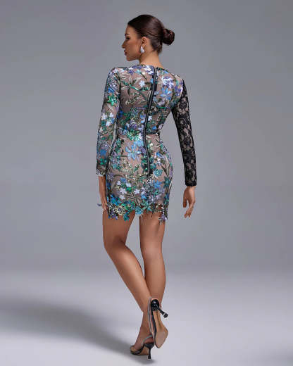 Green Long Sleeve Embellished Spliced Tokyo Sequins Floral Lace Date Mini Dress | Mix Mix Style