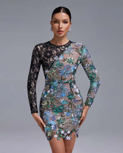 Green Long Sleeve Embellished Spliced Tokyo Sequins Floral Lace Date Mini Dress | Mix Mix Style