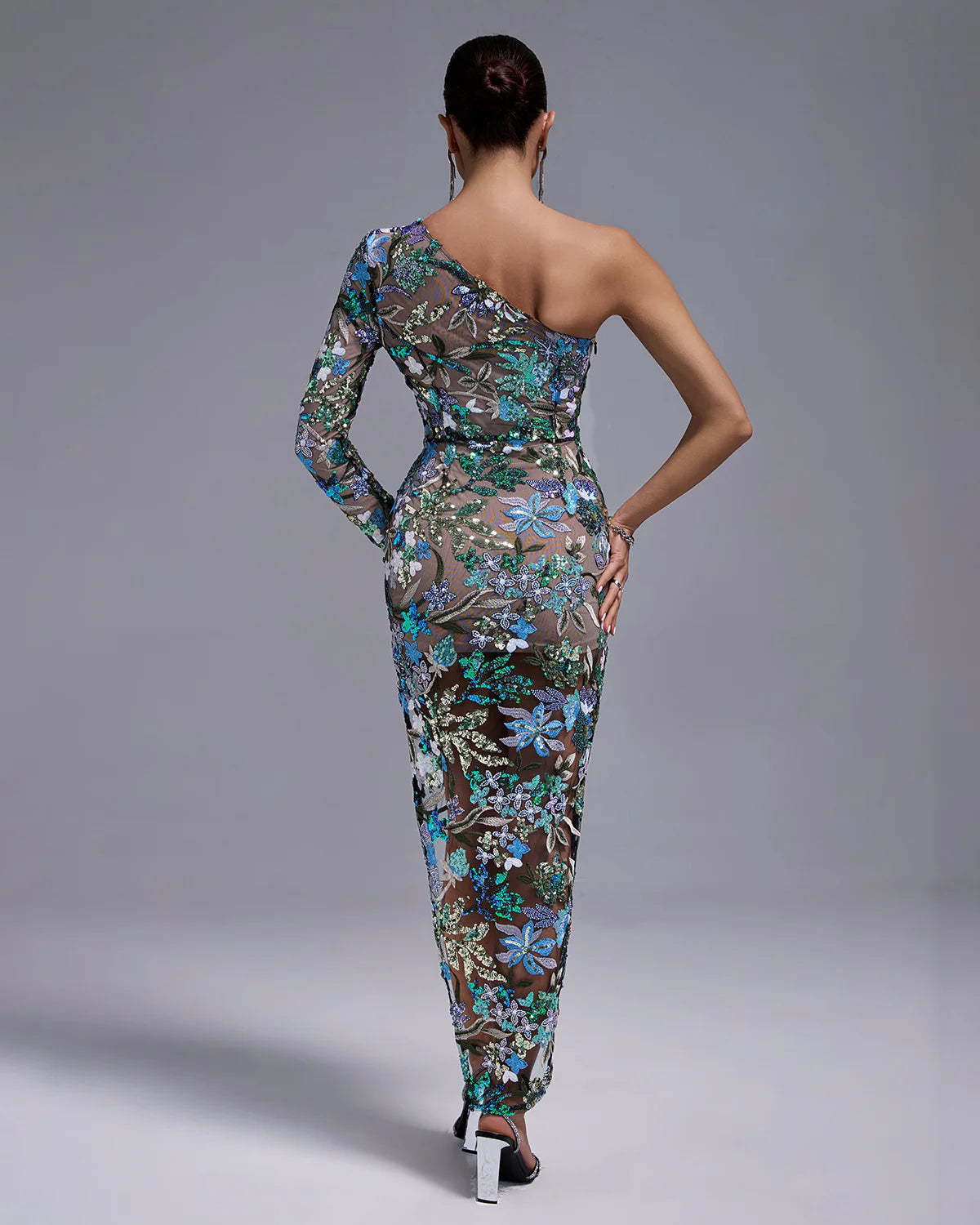 Green One Shoulder Long Sleeve Tokyo Sequins Floral Embellished Slit Maxi Dress | Mix Mix Style