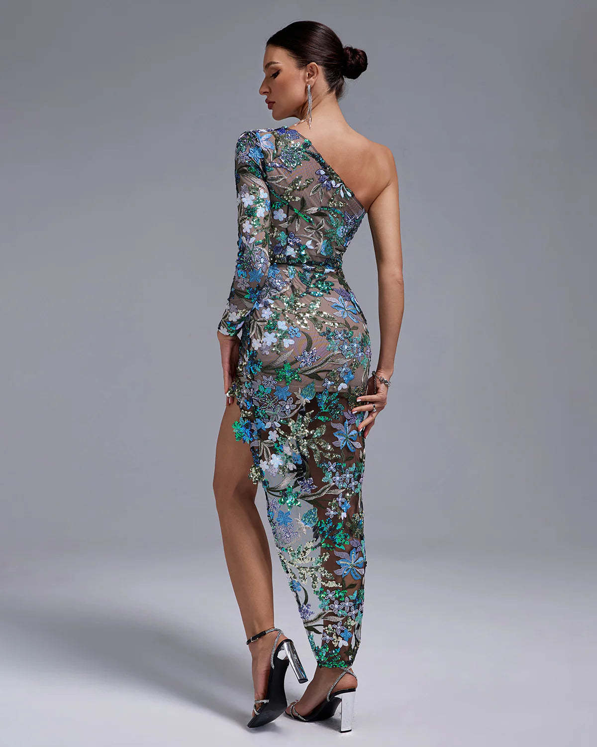 Green One Shoulder Long Sleeve Tokyo Sequins Floral Embellished Slit Maxi Dress | Mix Mix Style
