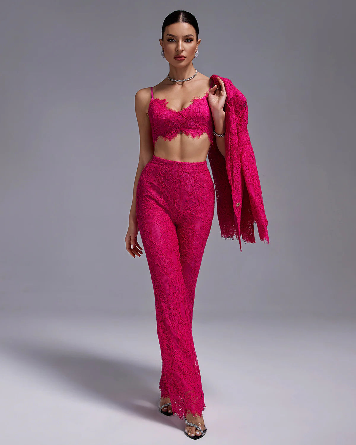 Dark pink embroidery Lace crop top high waist trousers & blazer 3-Piece Set | Mix Mix Style