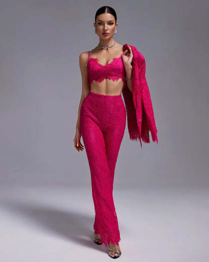 Dark pink embroidery Lace crop top high waist trousers & blazer 3-Piece Set | Mix Mix Style