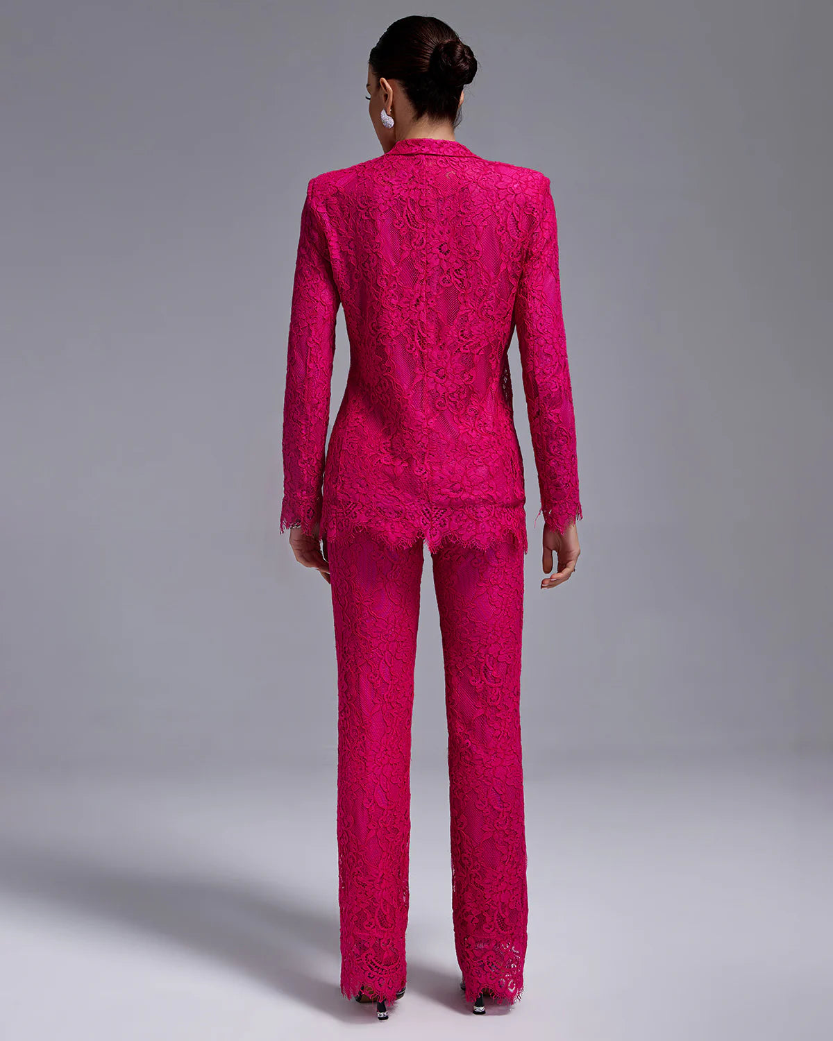 Dark pink embroidery Lace crop top high waist trousers & blazer 3-Piece Set | Mix Mix Style