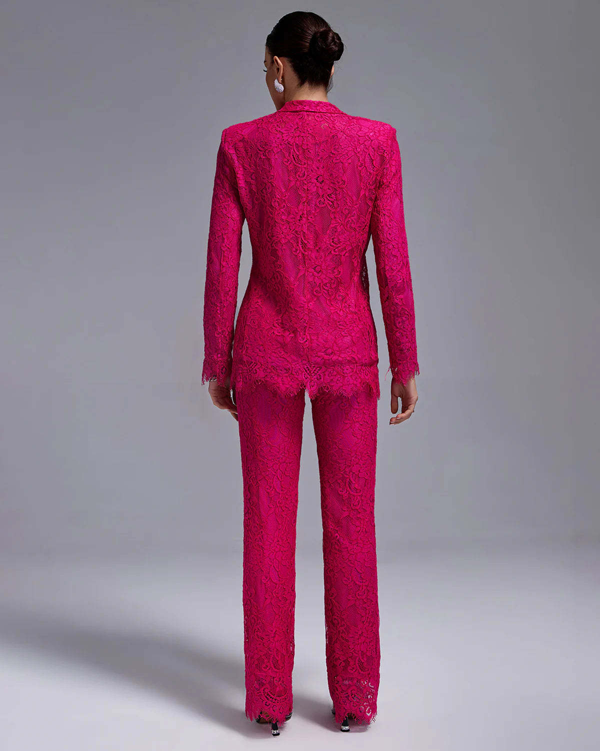 Dark pink embroidery Lace crop top high waist trousers & blazer 3-Piece Set | Mix Mix Style