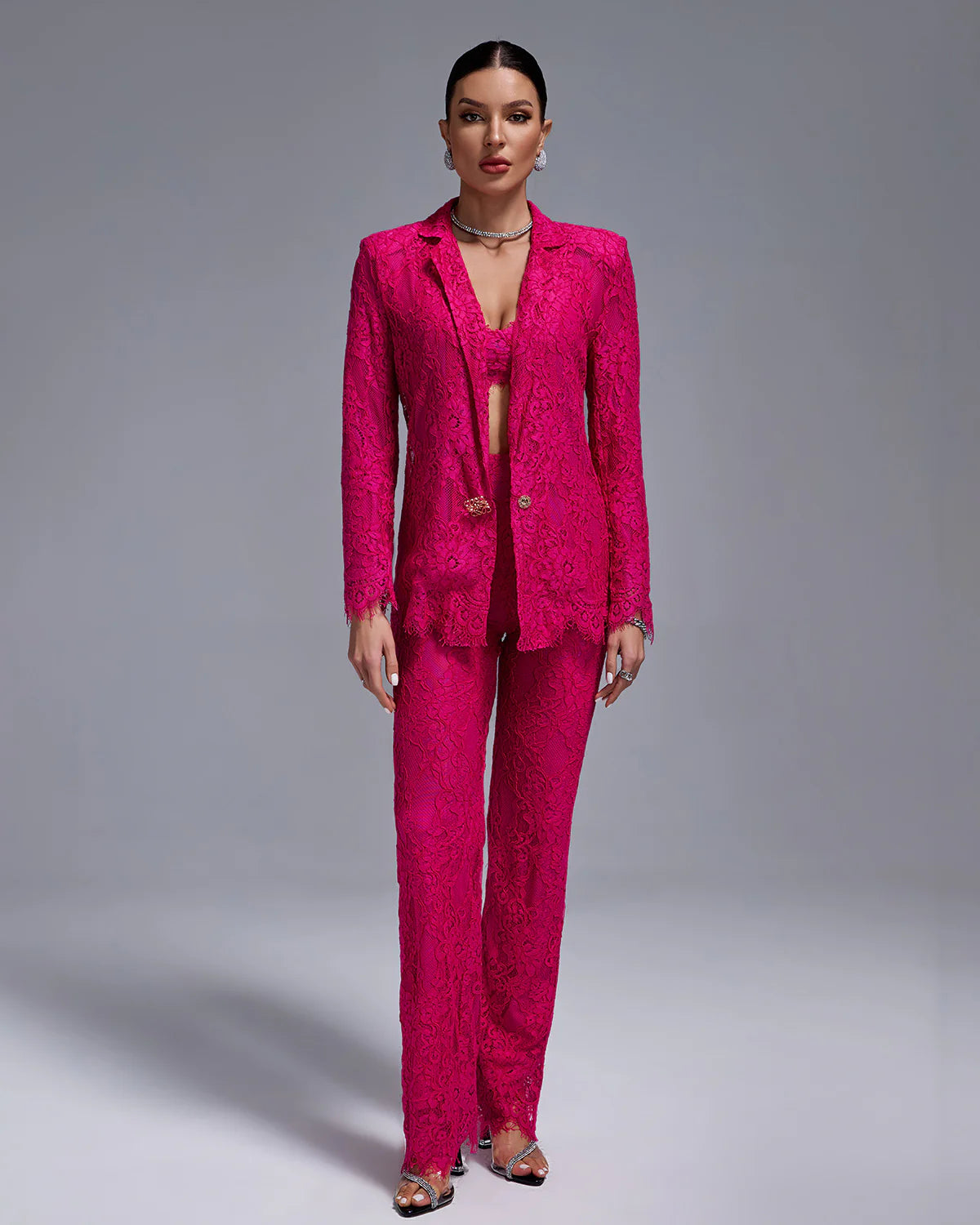 Dark pink embroidery Lace crop top high waist trousers & blazer 3-Piece Set | Mix Mix Style