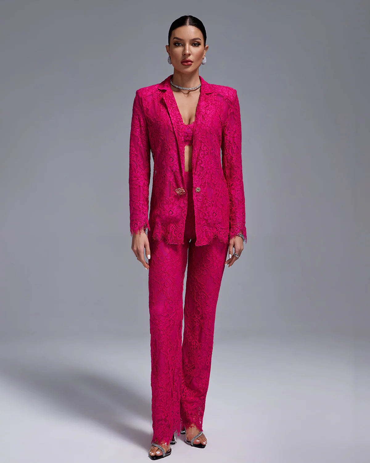 Dark pink embroidery Lace crop top high waist trousers & blazer 3-Piece Set | Mix Mix Style