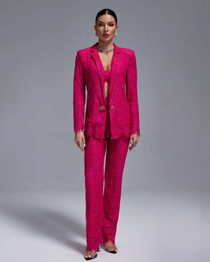 Dark pink embroidery Lace crop top high waist trousers & blazer 3-Piece Set | Mix Mix Style