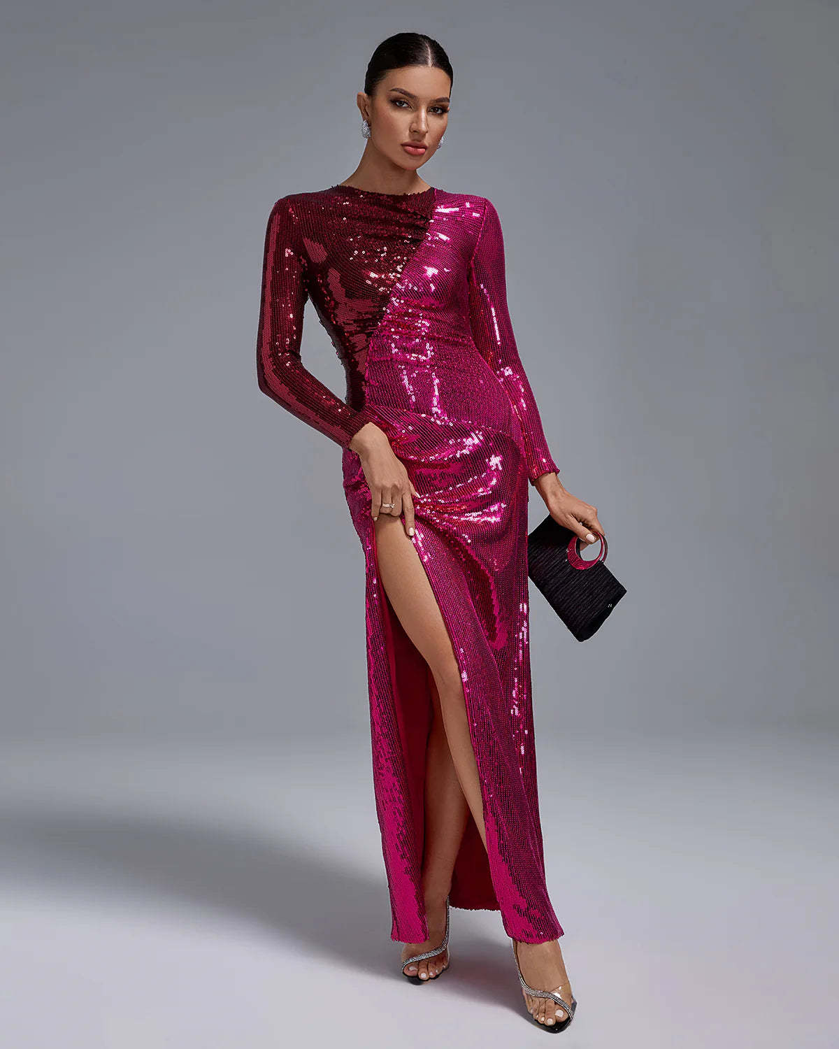 Dark Pink Long Sleeve Ruched Full Sequined High Slit Party Maxi Dress | Mix Mix Style