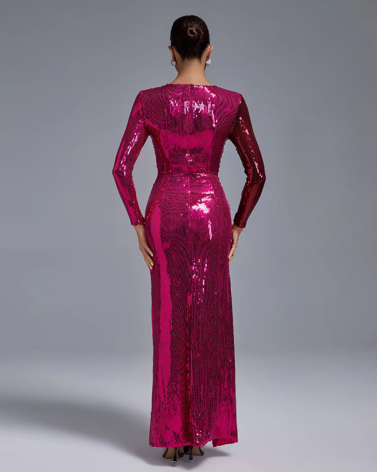 Dark Pink Long Sleeve Ruched Full Sequined High Slit Party Maxi Dress | Mix Mix Style