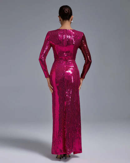 Dark Pink Long Sleeve Ruched Full Sequined High Slit Party Maxi Dress | Mix Mix Style