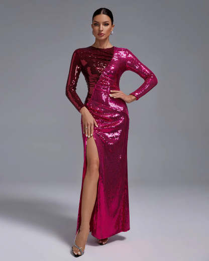Dark Pink Long Sleeve Ruched Full Sequined High Slit Party Maxi Dress | Mix Mix Style
