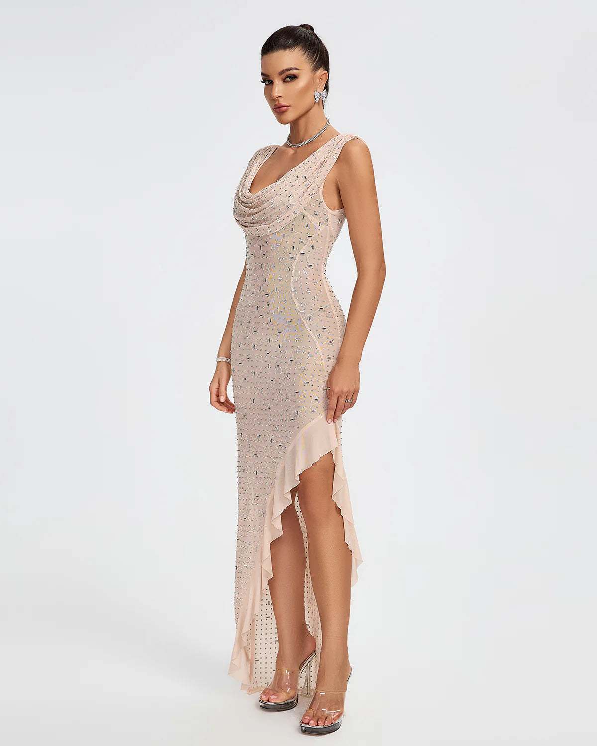 Apricot U-neck draped Crystal Embellished diamonate Ruffle High Split prom birthday Maxi Dress | Mix Mix Style