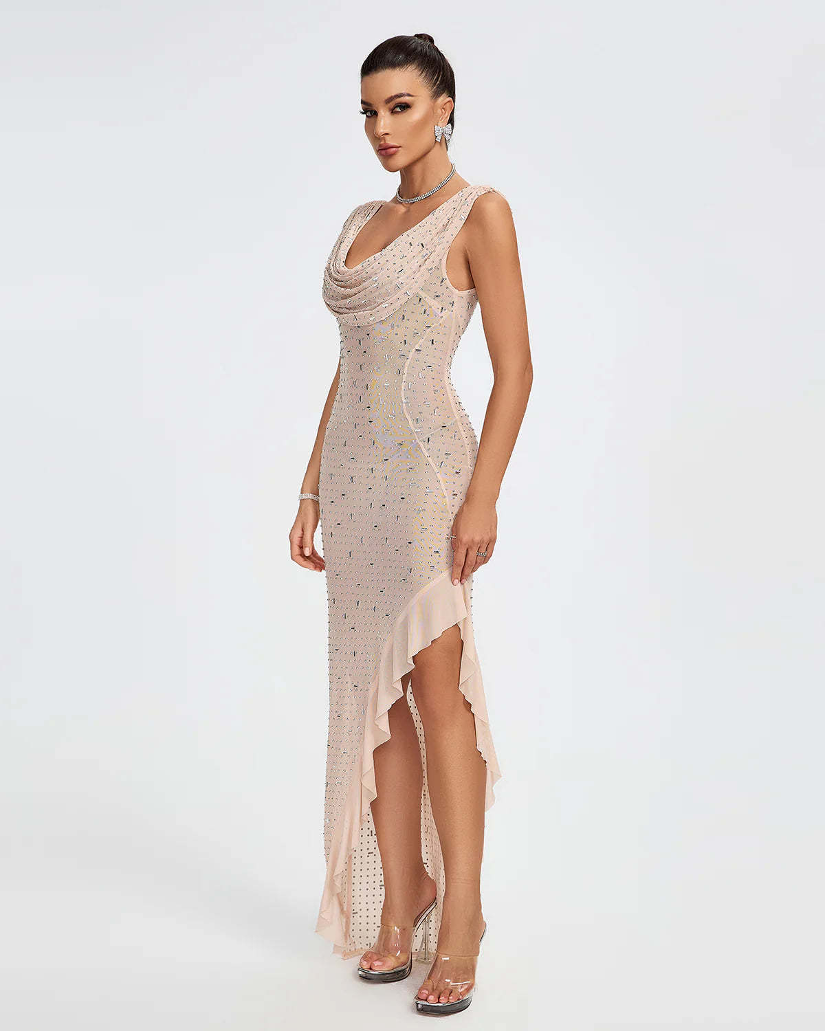 Apricot U-neck draped Crystal Embellished diamonate Ruffle High Split prom birthday Maxi Dress | Mix Mix Style