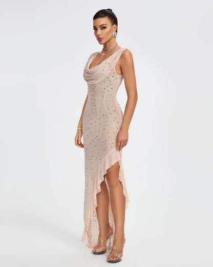 Apricot U-neck draped Crystal Embellished diamonate Ruffle High Split prom birthday Maxi Dress | Mix Mix Style