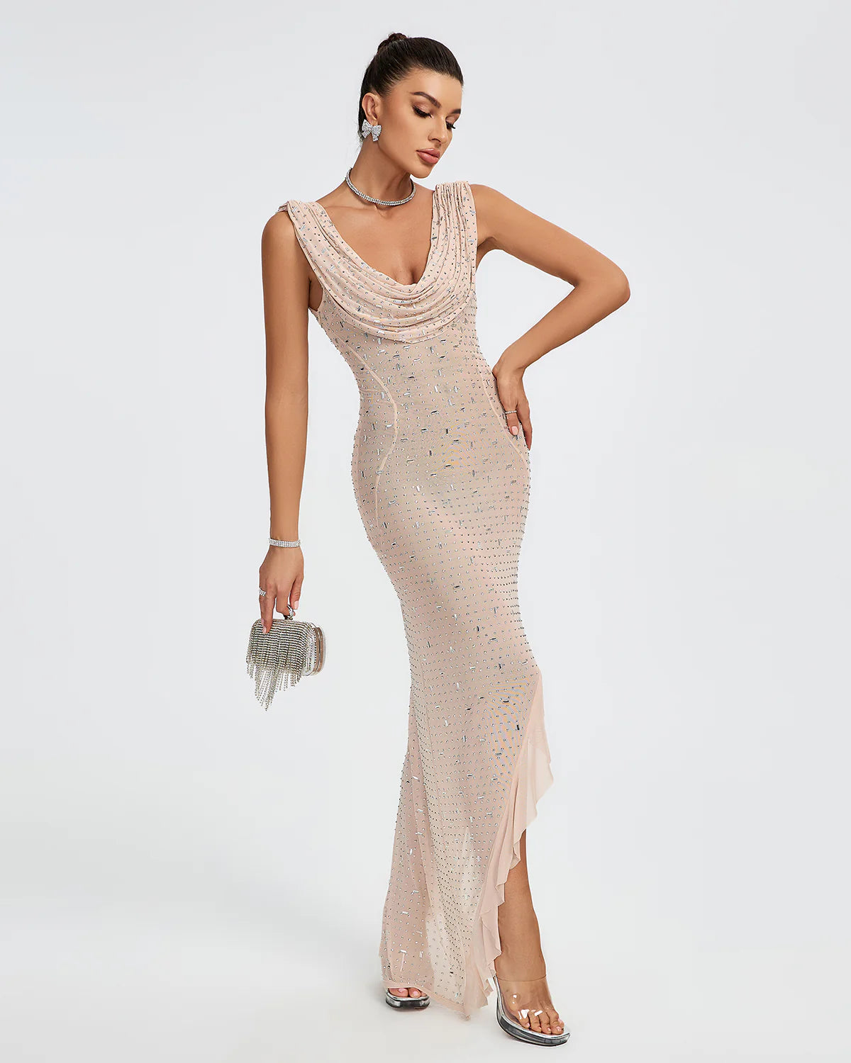 Apricot U-neck draped Crystal Embellished diamonate Ruffle High Split prom birthday Maxi Dress | Mix Mix Style