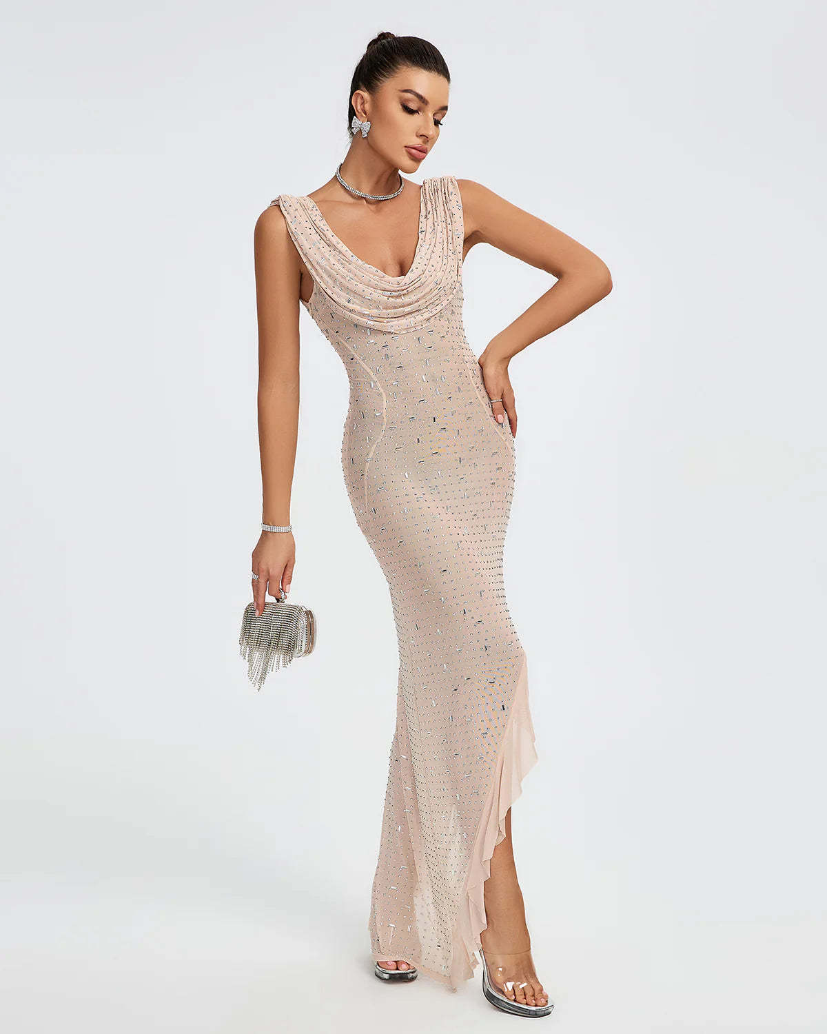 Apricot U-neck draped Crystal Embellished diamonate Ruffle High Split prom birthday Maxi Dress | Mix Mix Style