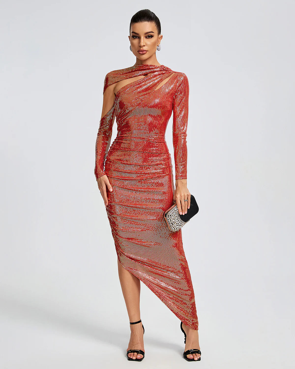 Red long sleeves cutout Asymmetric slit Sequins Ruched  Party Cocktail midi Dress | Mix Mix Style