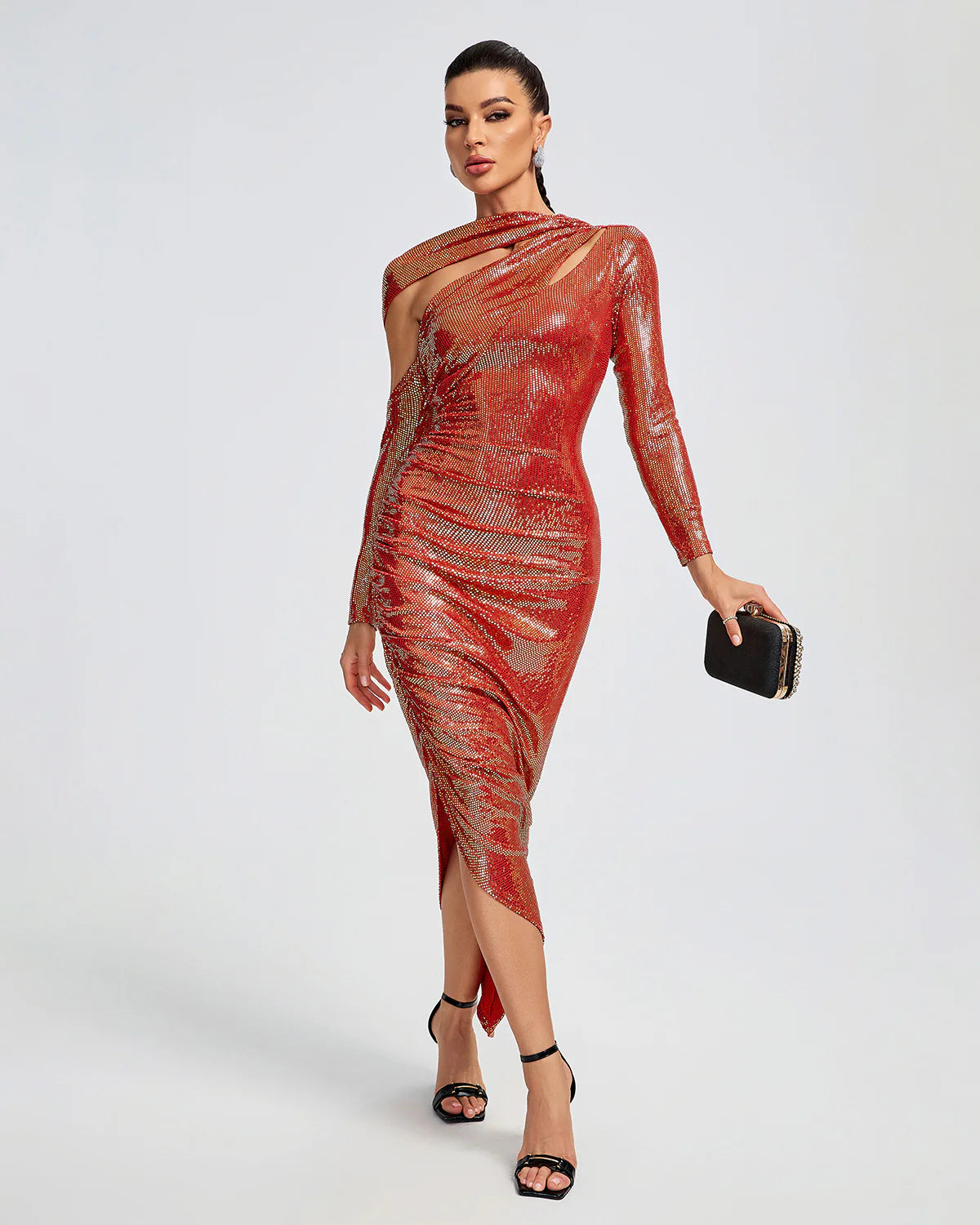 Red long sleeves cutout Asymmetric slit Sequins Ruched  Party Cocktail midi Dress | Mix Mix Style