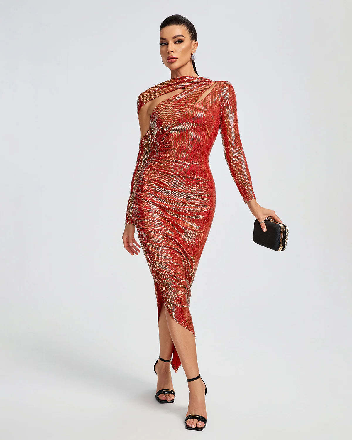 Red long sleeves cutout Asymmetric slit Sequins Ruched  Party Cocktail midi Dress | Mix Mix Style-Mix MIx Style