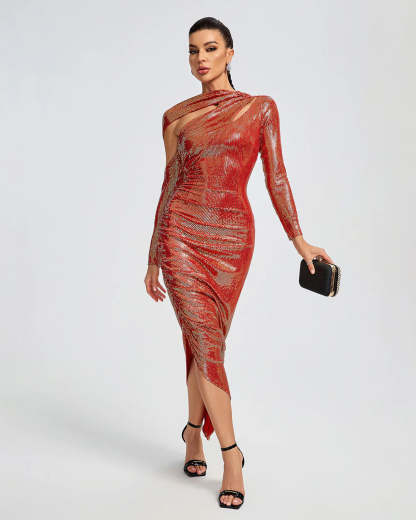 Red long sleeves cutout Asymmetric slit Sequins Ruched  Party Cocktail midi Dress | Mix Mix Style