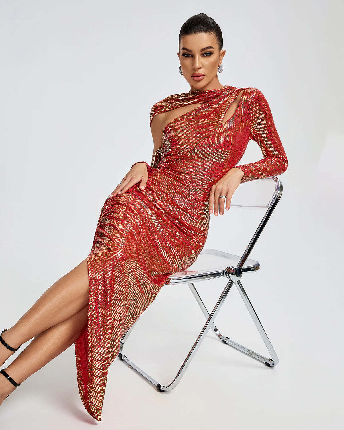 Red long sleeves cutout Asymmetric slit Sequins Ruched  Party Cocktail midi Dress | Mix Mix Style