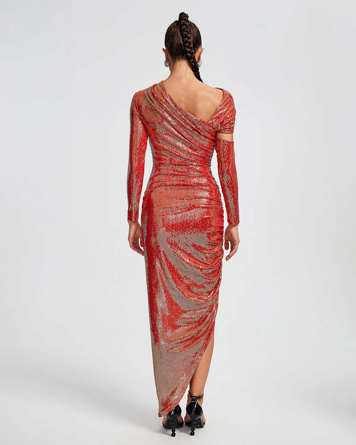 Red long sleeves cutout Asymmetric slit Sequins Ruched  Party Cocktail midi Dress | Mix Mix Style