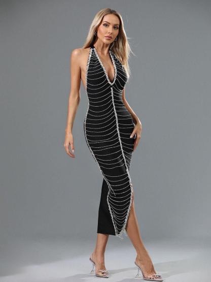 Black V Neck Crystal Chain Bandage Dress | Mix Mix Style [Hot Seller]-Mix MIx Style
