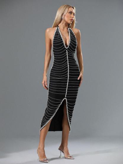 Black V Neck Crystal Chain Bandage Dress | Mix Mix Style [Hot Seller]-Mix MIx Style