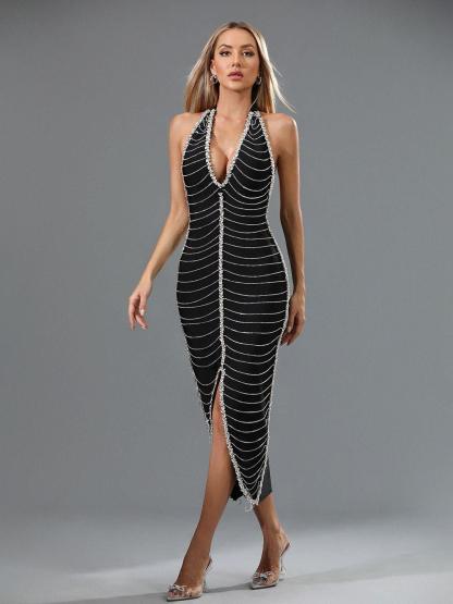 Black V Neck Crystal Chain Bandage Dress | Mix Mix Style [Hot Seller]-Mix MIx Style