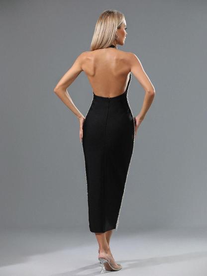 Black V Neck Crystal Chain Bandage Dress | Mix Mix Style [Hot Seller]-Mix MIx Style