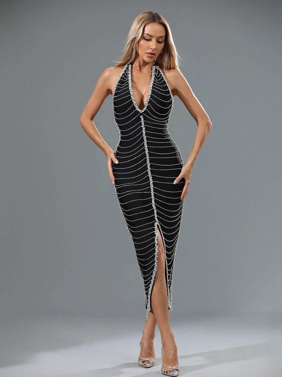 Black V Neck Crystal Chain Bandage Dress | Mix Mix Style [Hot Seller]-Mix MIx Style