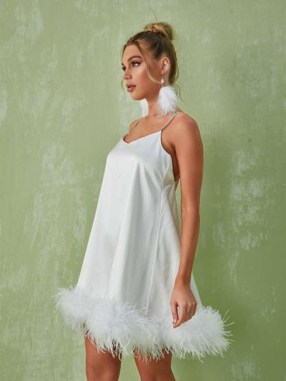 Kamaria Spaghetti Feather Mini Dress In White | Mix Mix Style [Hot Seller]-Mix MIx Style