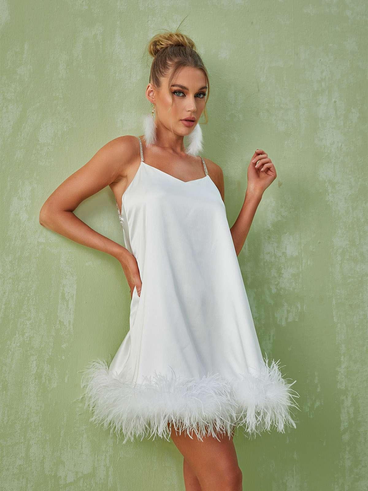 Kamaria Spaghetti Feather Mini Dress In White | Mix Mix Style [Hot Seller]-Mix MIx Style