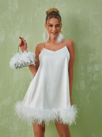 Kamaria Spaghetti Feather Mini Dress In White | Mix Mix Style [Hot Seller]-Mix MIx Style