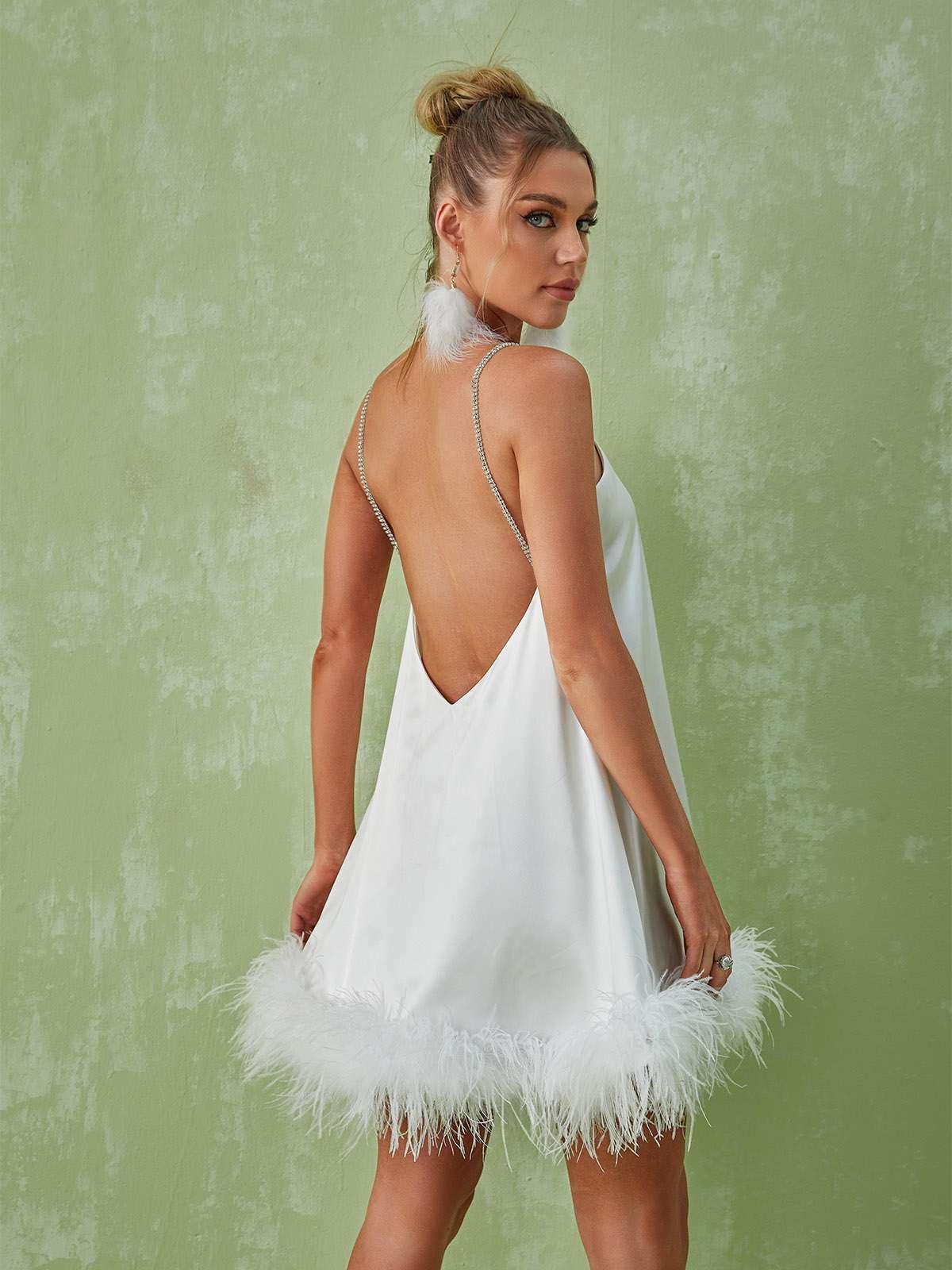 Kamaria Spaghetti Feather Mini Dress In White | Mix Mix Style [Hot Seller]-Mix MIx Style