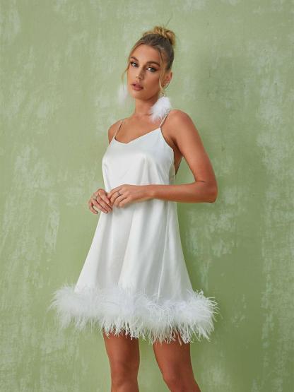 Kamaria Spaghetti Feather Mini Dress In White | Mix Mix Style [Hot Seller]-Mix MIx Style