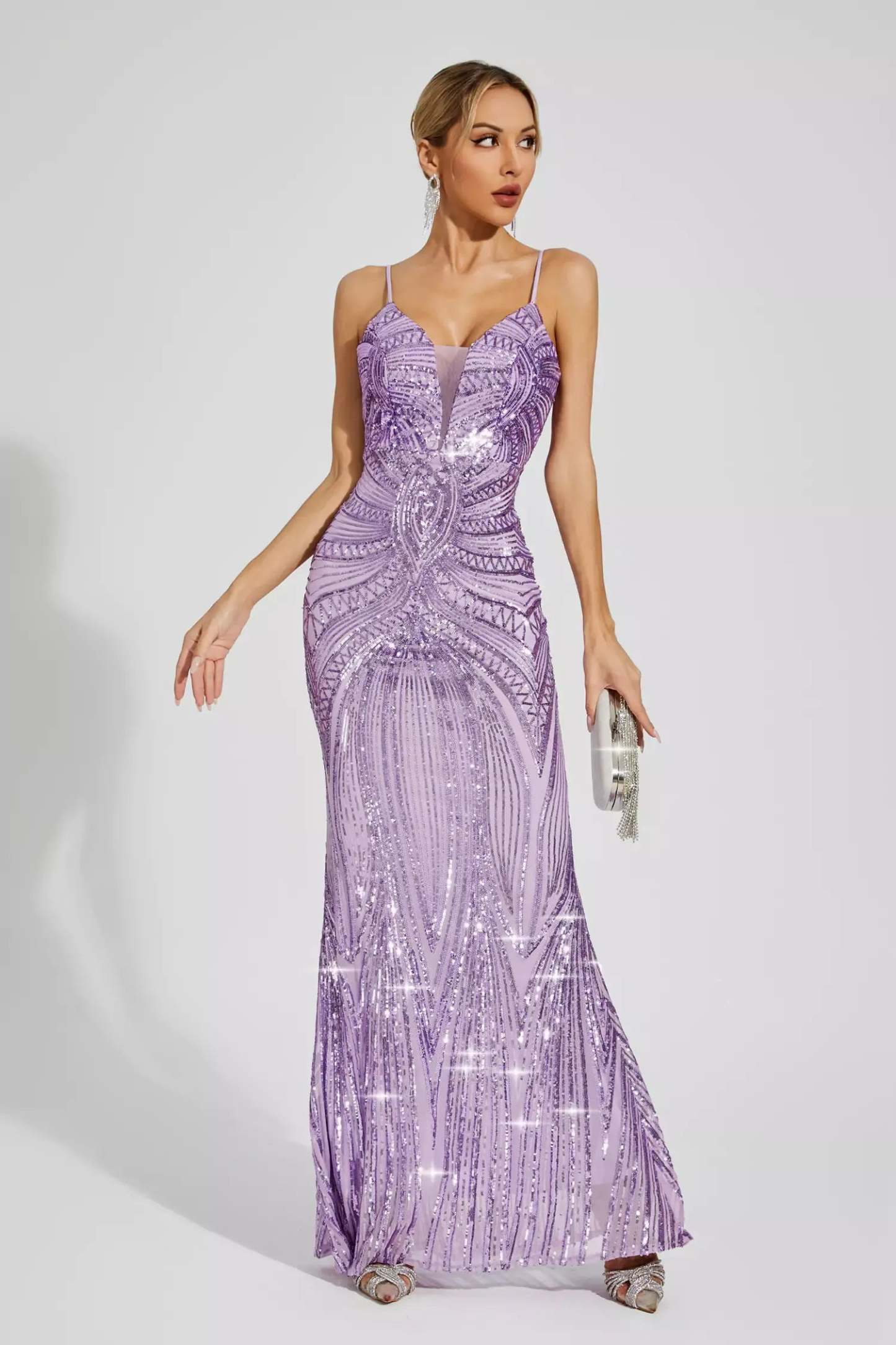 Purple Metallic V-neck Strappy Backless Embellished Sequins Mermaid Party Maxi Dress | Mix Mix Style