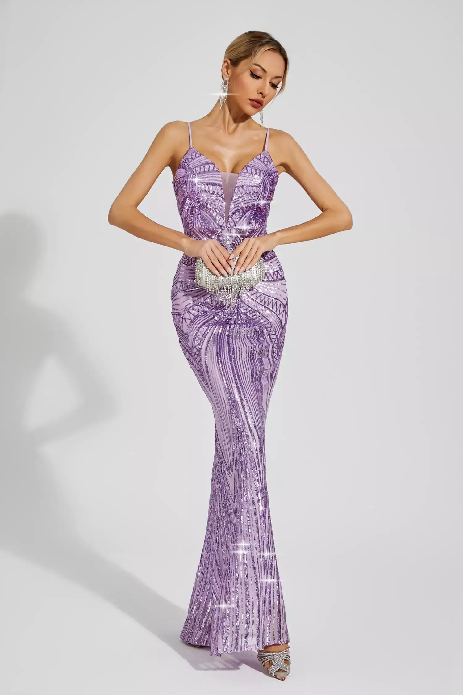Purple Metallic V-neck Strappy Backless Embellished Sequins Mermaid Party Maxi Dress | Mix Mix Style